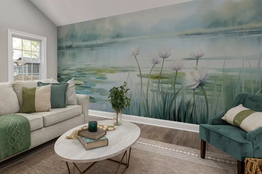 wall murals Landscape with a lake, water lilies and lily pads, trees in the background, in a calm environment, light blue and green tones w09395
