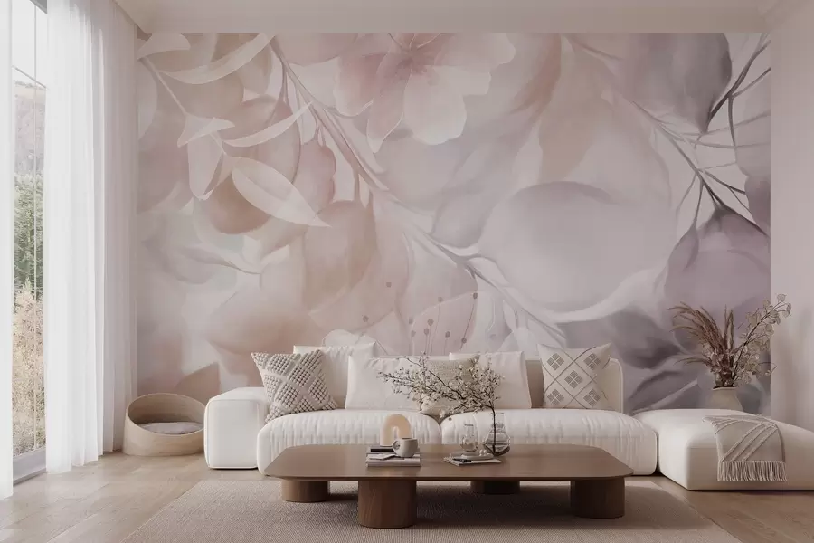 wall murals Floral art with muted beige and brown flowers, leaves and branches, soft pastel colors, watercolor textured effect w09397