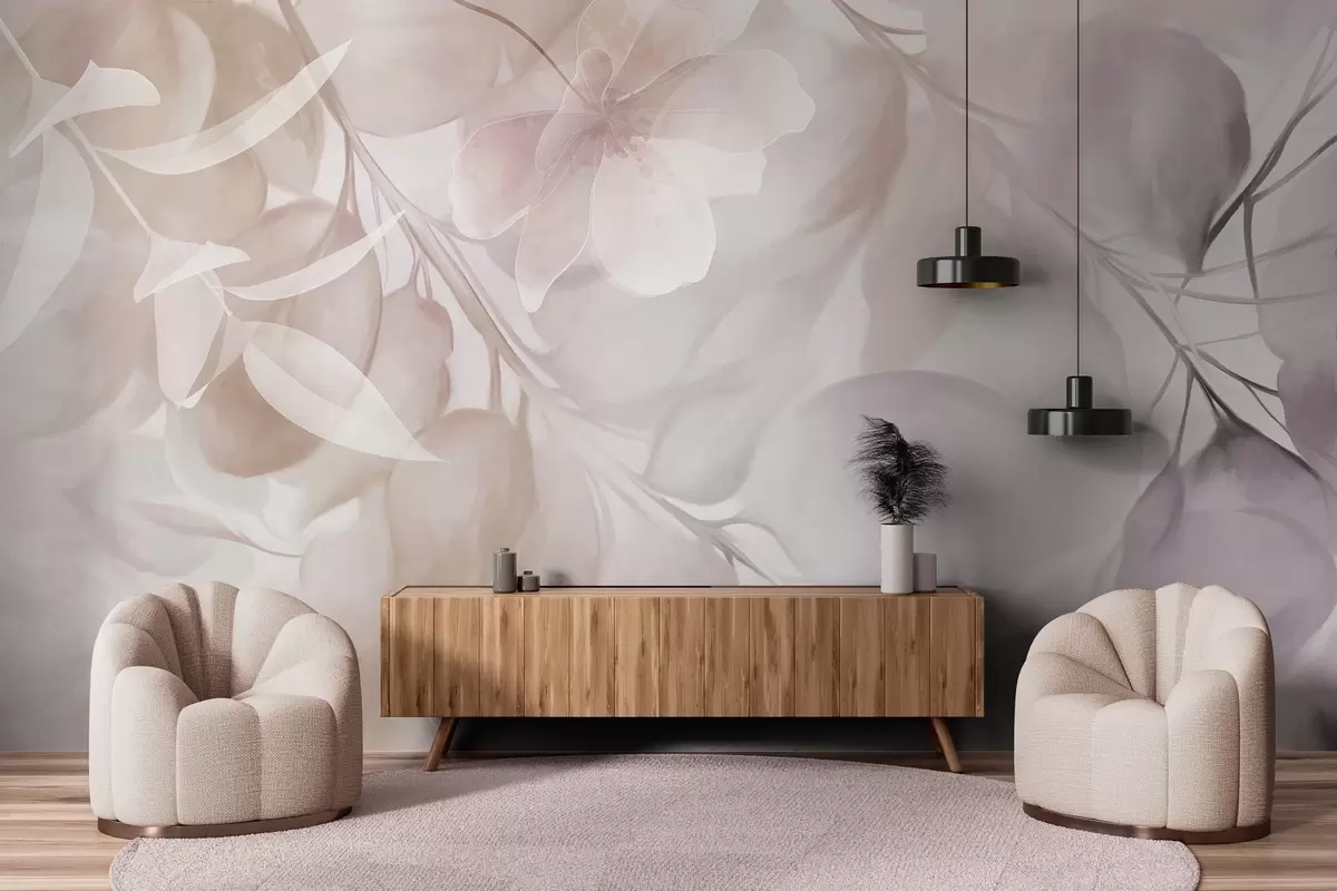 wall murals Floral art with muted beige and brown flowers, leaves and branches, soft pastel colors, watercolor textured effect w09397