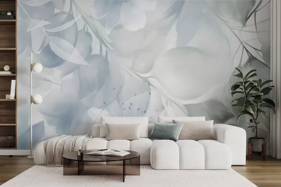 wall murals Floral art with muted blue and green flowers, leaves and branches, soft pastel colors, watercolor textured effect w09397v1