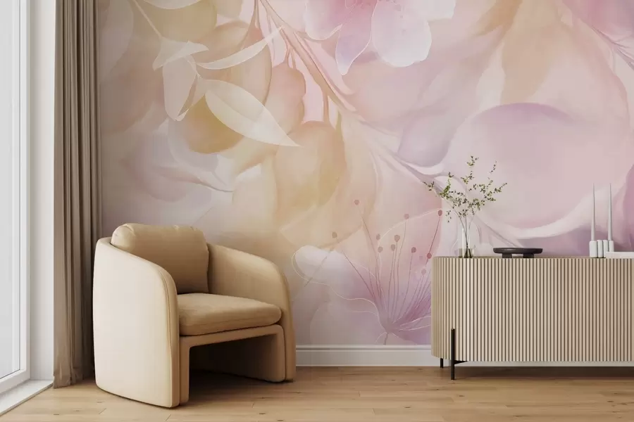 wall murals Floral art with muted yellow and purple flowers, leaves and branches, soft pastel colors, watercolor textured effect w09397v2