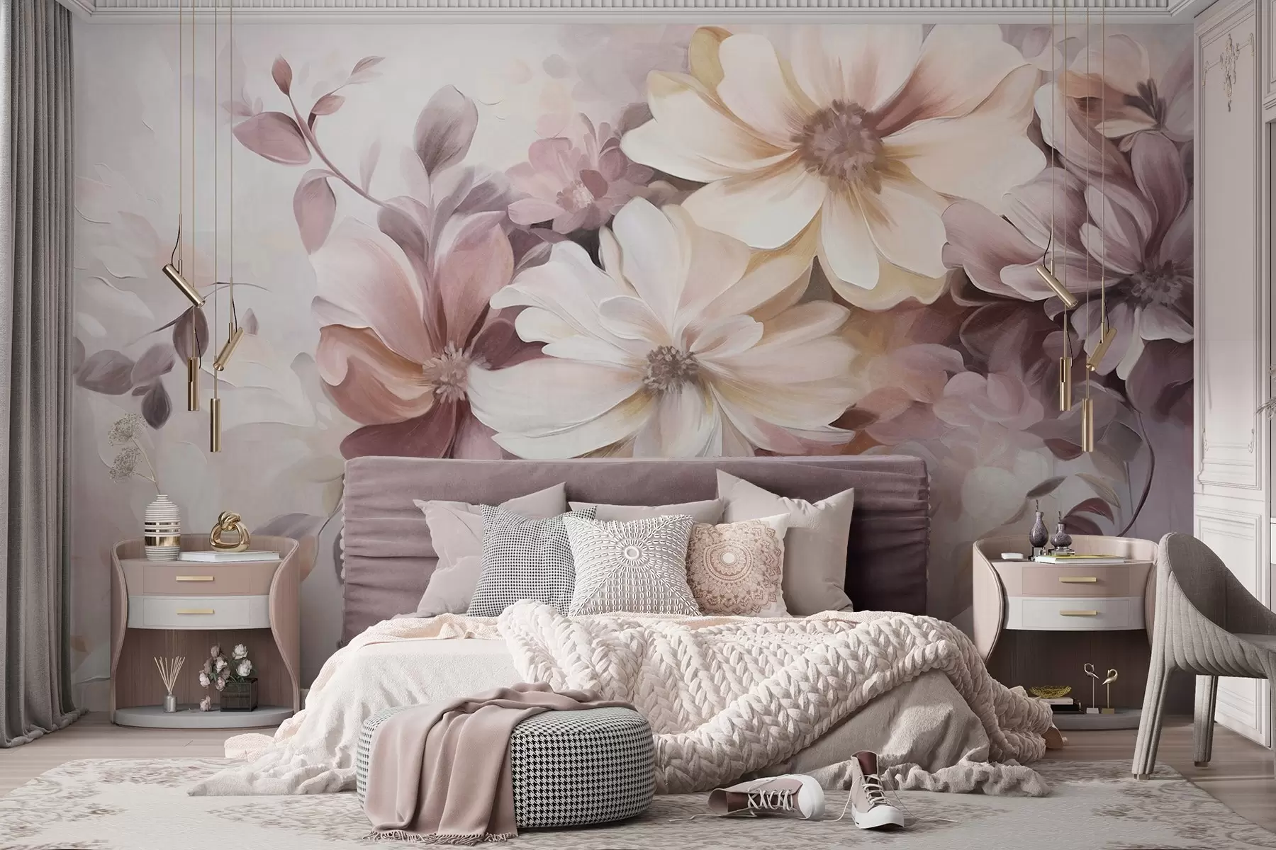 wall murals A floral arrangement with large textured soft-colored flowers in shades of burgundy, peach, and white, with delicate leaves w09398