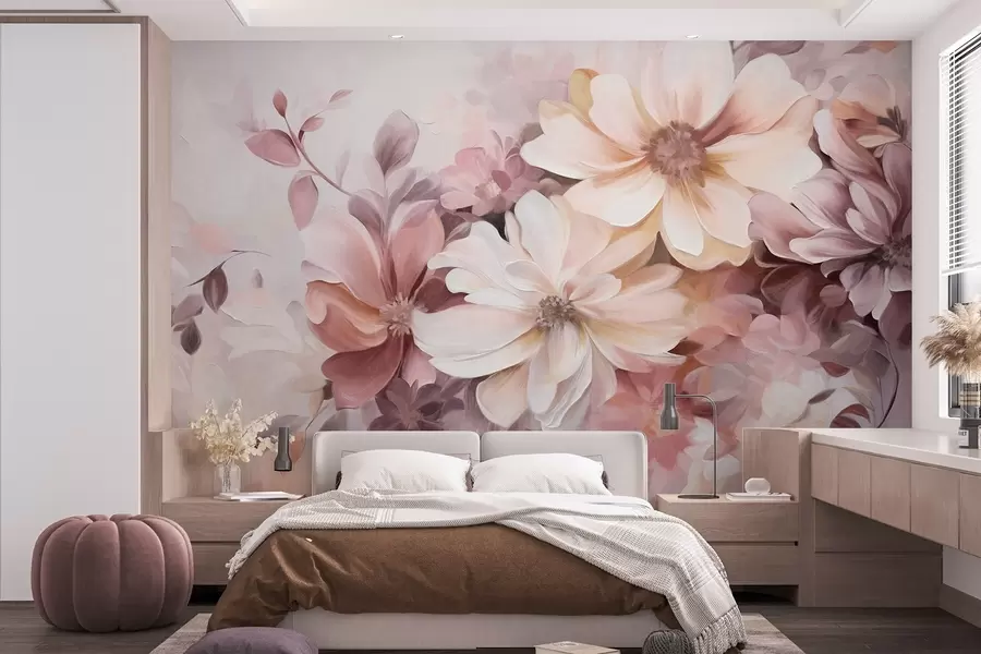 wall murals A floral arrangement with large textured soft-colored flowers in shades of burgundy, peach, and white, with delicate leaves w09398
