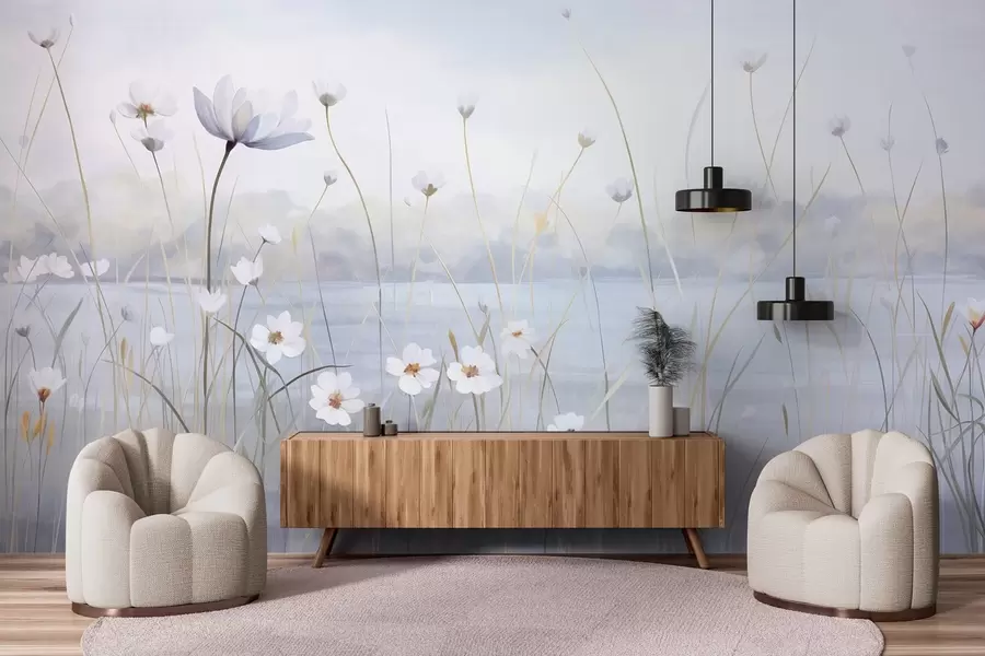 wall murals White flowers with long stems in a field, light blue sky, soft colors, textured, minimalist style, nature-inspired, calm background w09401