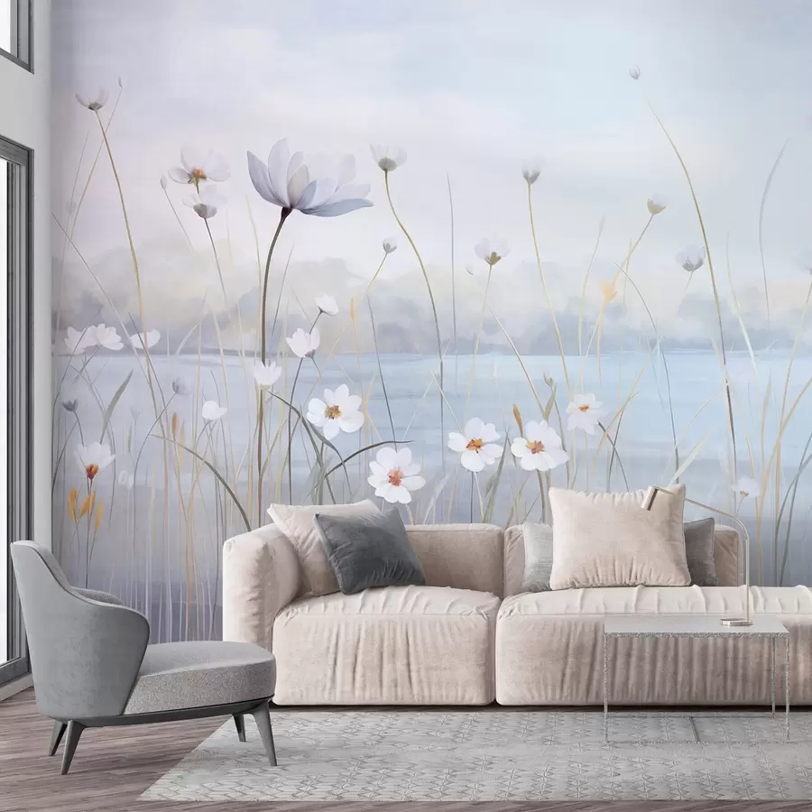 wall murals White flowers with long stems in a field, light blue sky, soft colors, textured, minimalist style, nature-inspired, calm background w09401