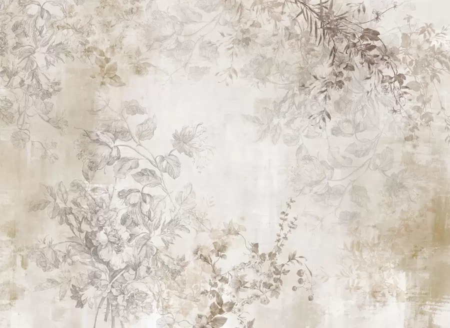 wall murals Vintage textured floral art with drawing style delicate garden flowers and leaves illustrations, soft pastel beige and sepia tones w09402