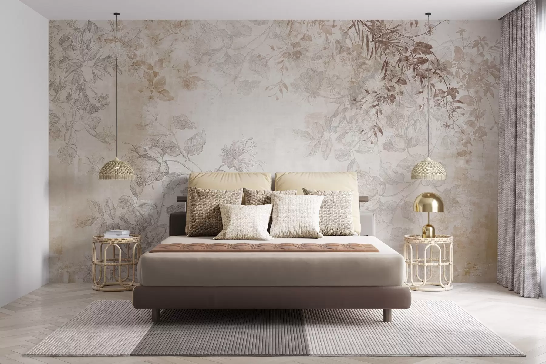 wall murals Vintage textured floral art with drawing style delicate garden flowers and leaves illustrations, soft pastel beige and sepia tones w09402