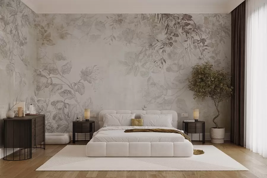 wall murals Vintage textured floral art with drawing style delicate garden flowers and leaves illustrations, soft pastel beige and sepia tones w09402