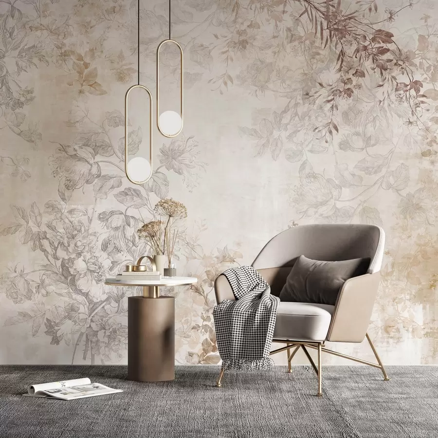 wall murals Vintage textured floral art with drawing style delicate garden flowers and leaves illustrations, soft pastel beige and sepia tones w09402