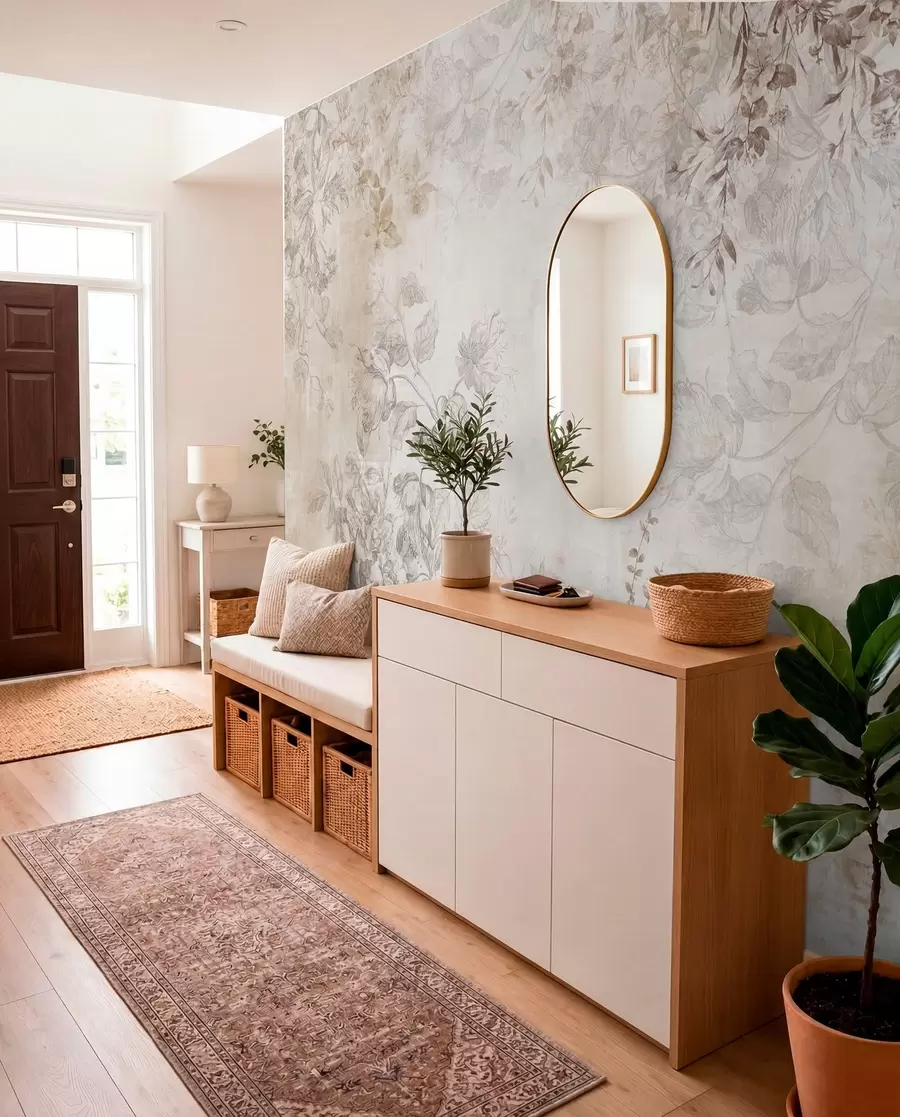 wall murals Vintage textured floral art with drawing style delicate garden flowers and leaves illustrations, soft pastel beige and sepia tones w09402
