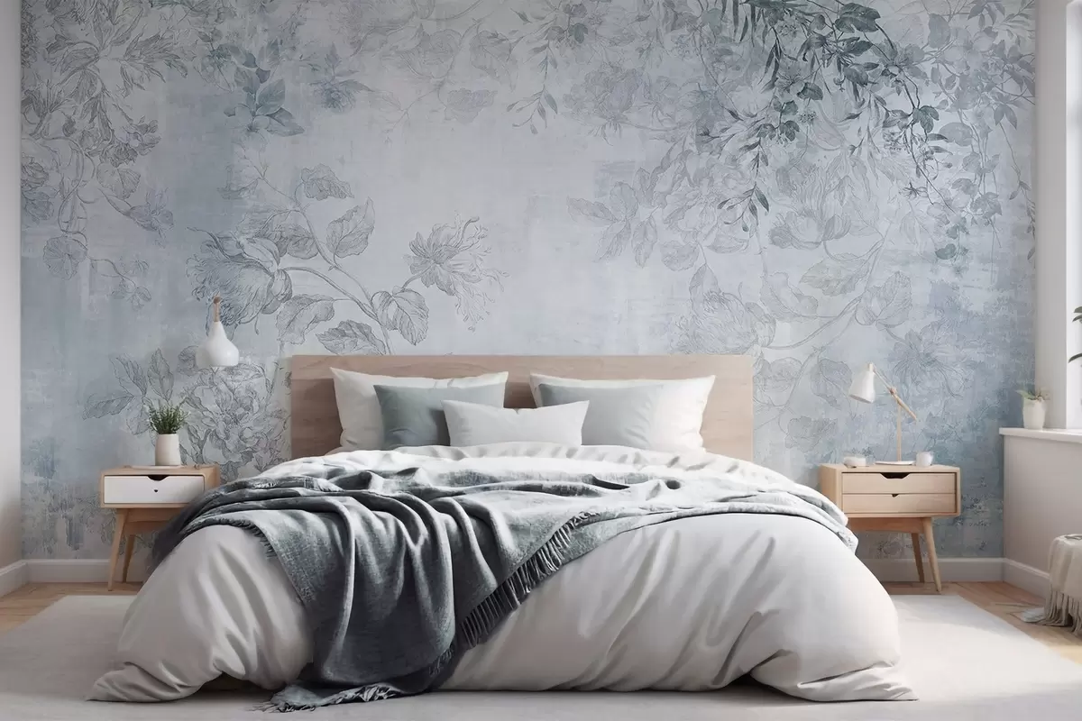 wall murals Vintage textured floral art with drawing style delicate garden flowers and leaves illustrations, soft blue tones w09402v1