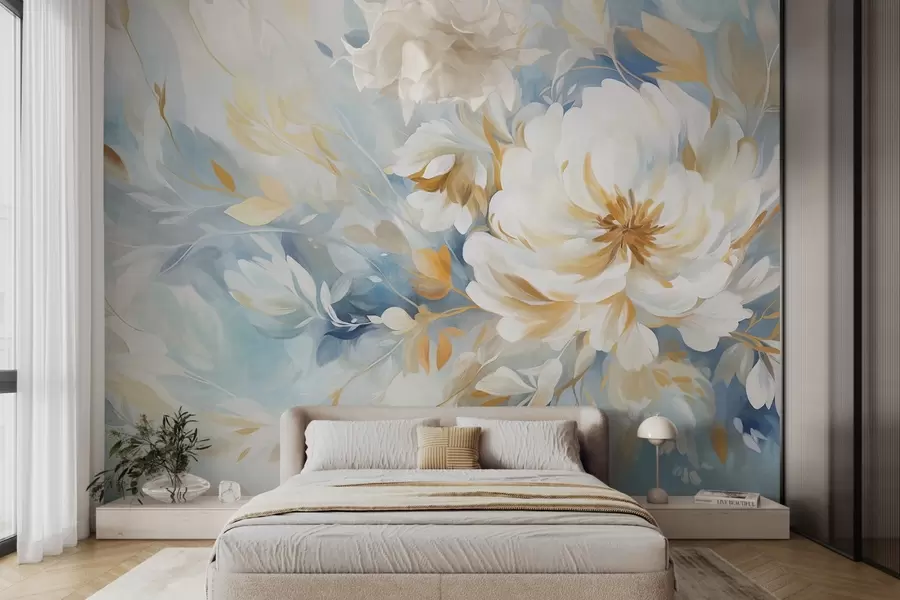 wall murals Textured white flower with blue and yellow details and leaves on a blue and white abstract background, painting style w09403