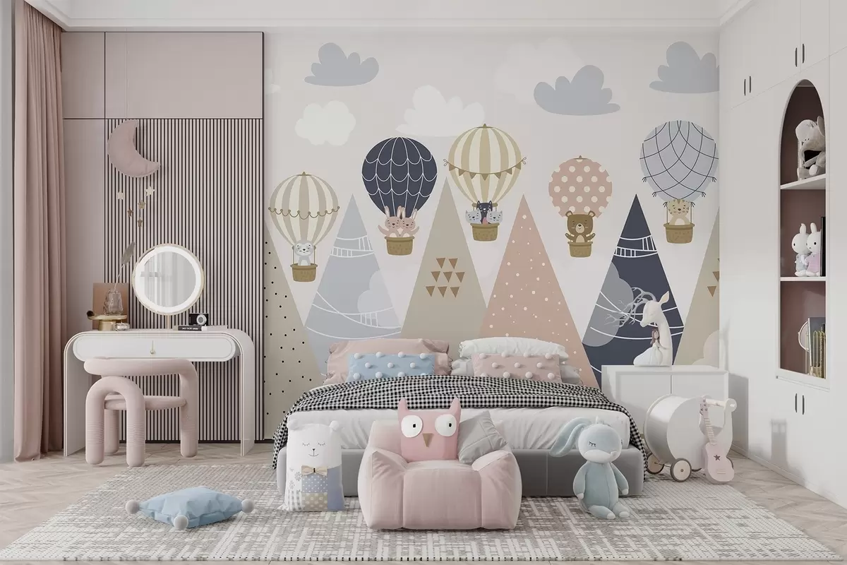 wall murals Balloons with animals above the mountains w04587
