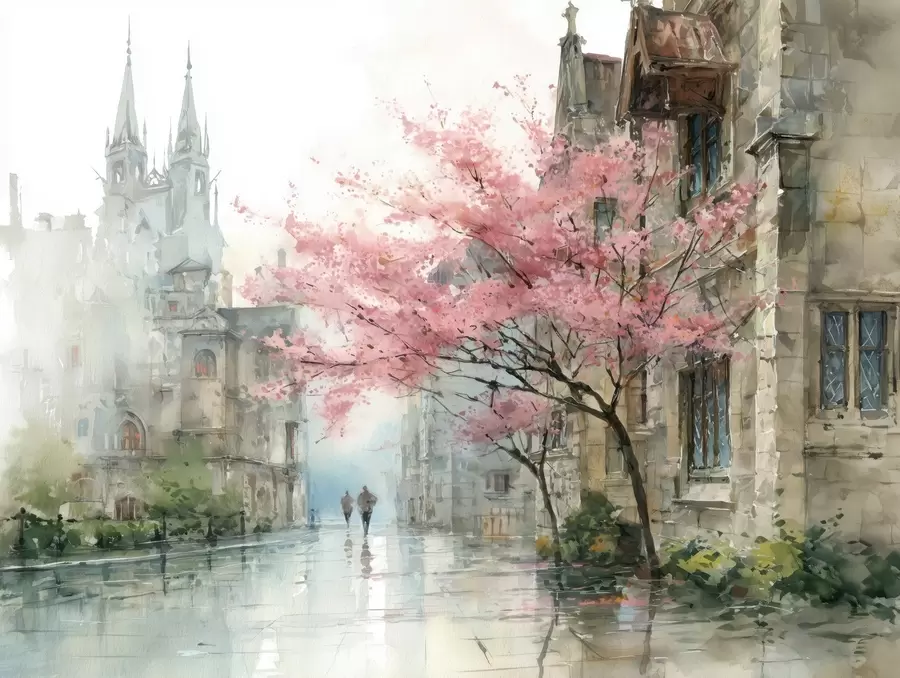 wall murals watercolour-style cityscape w04500