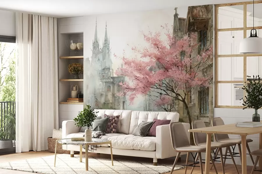 wall murals watercolour-style cityscape w04500