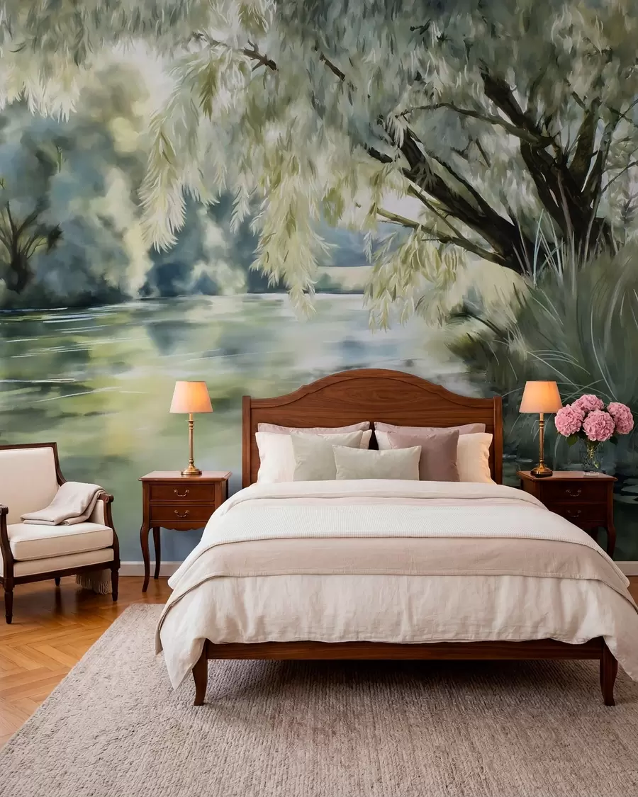 wall murals watercolour-style tree above the lake w04501
