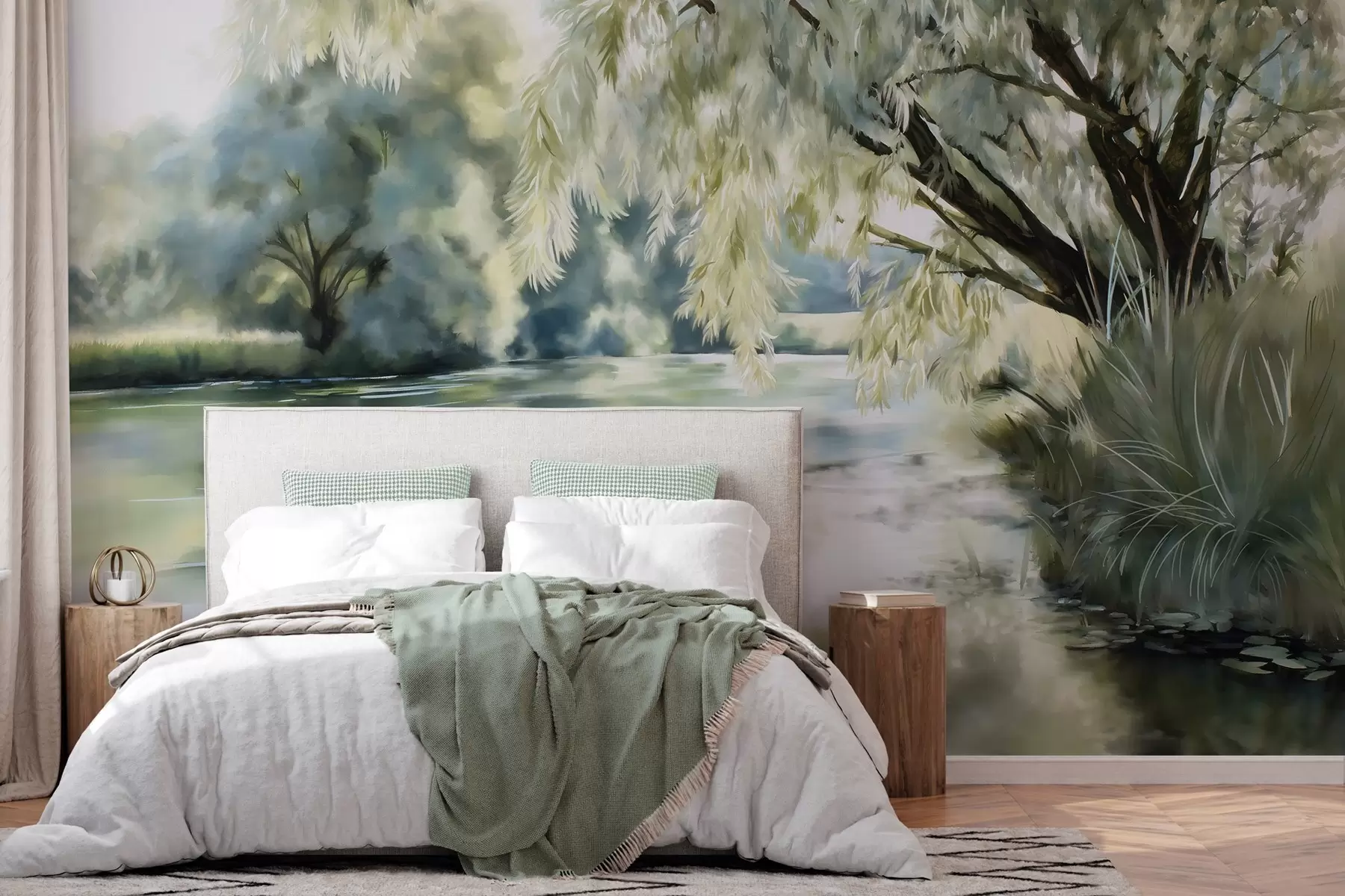 wall murals watercolour-style tree above the lake w04501