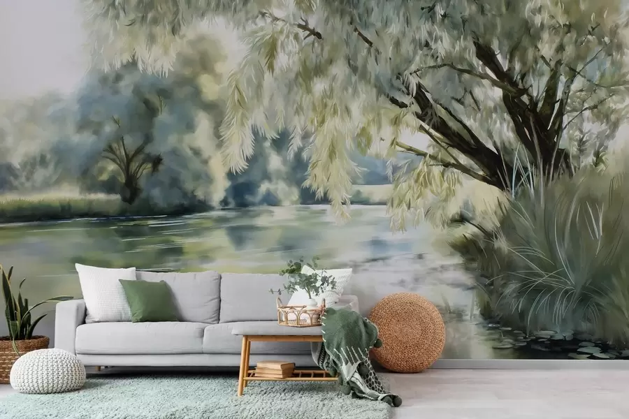 wall murals watercolour-style tree above the lake w04501