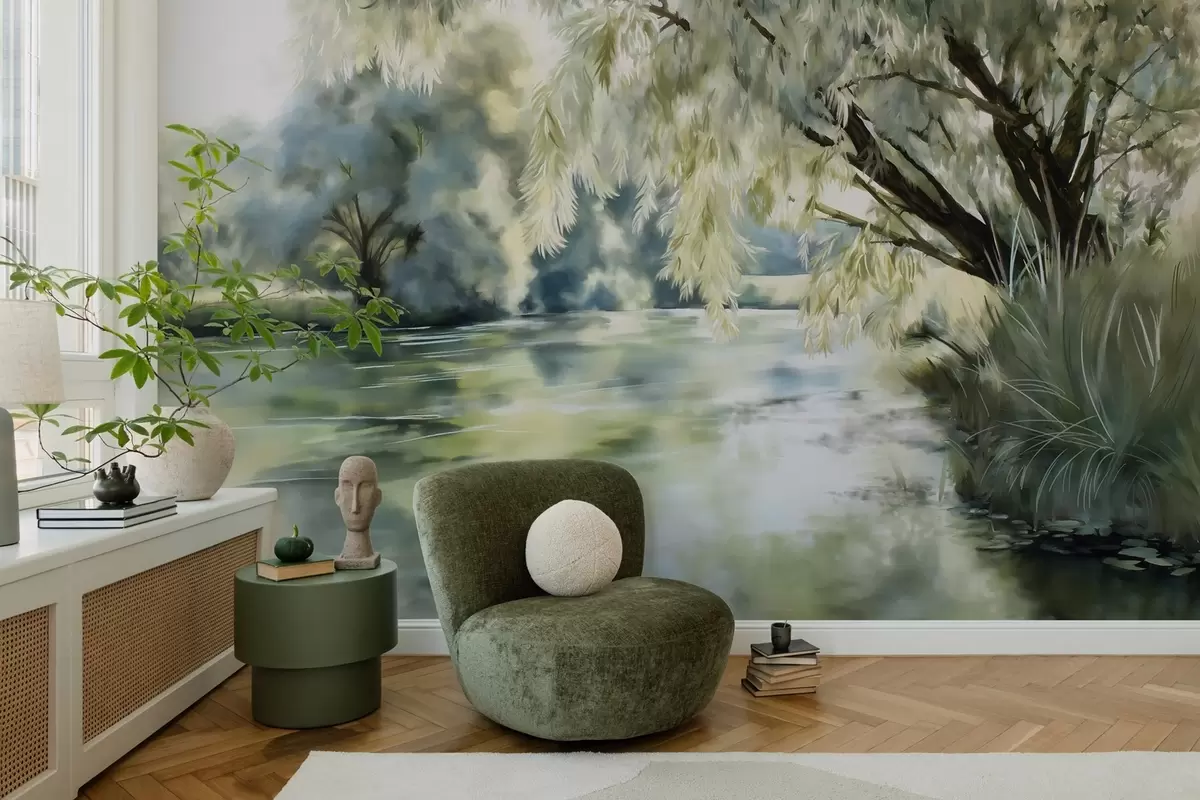 wall murals watercolour-style tree above the lake w04501