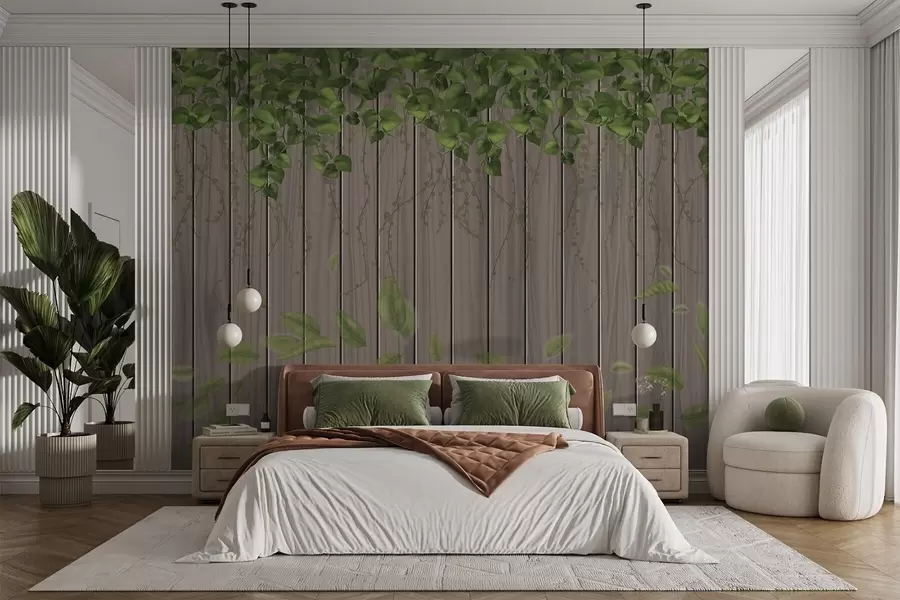 wall murals Imitation wooden boards with hanging leaves w04603