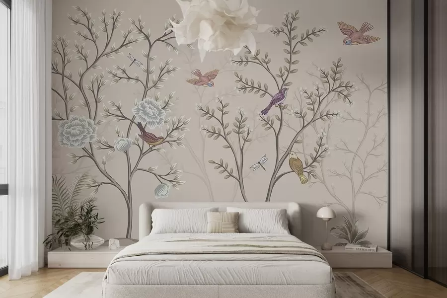 wall murals Trees with birds and flowers w04605