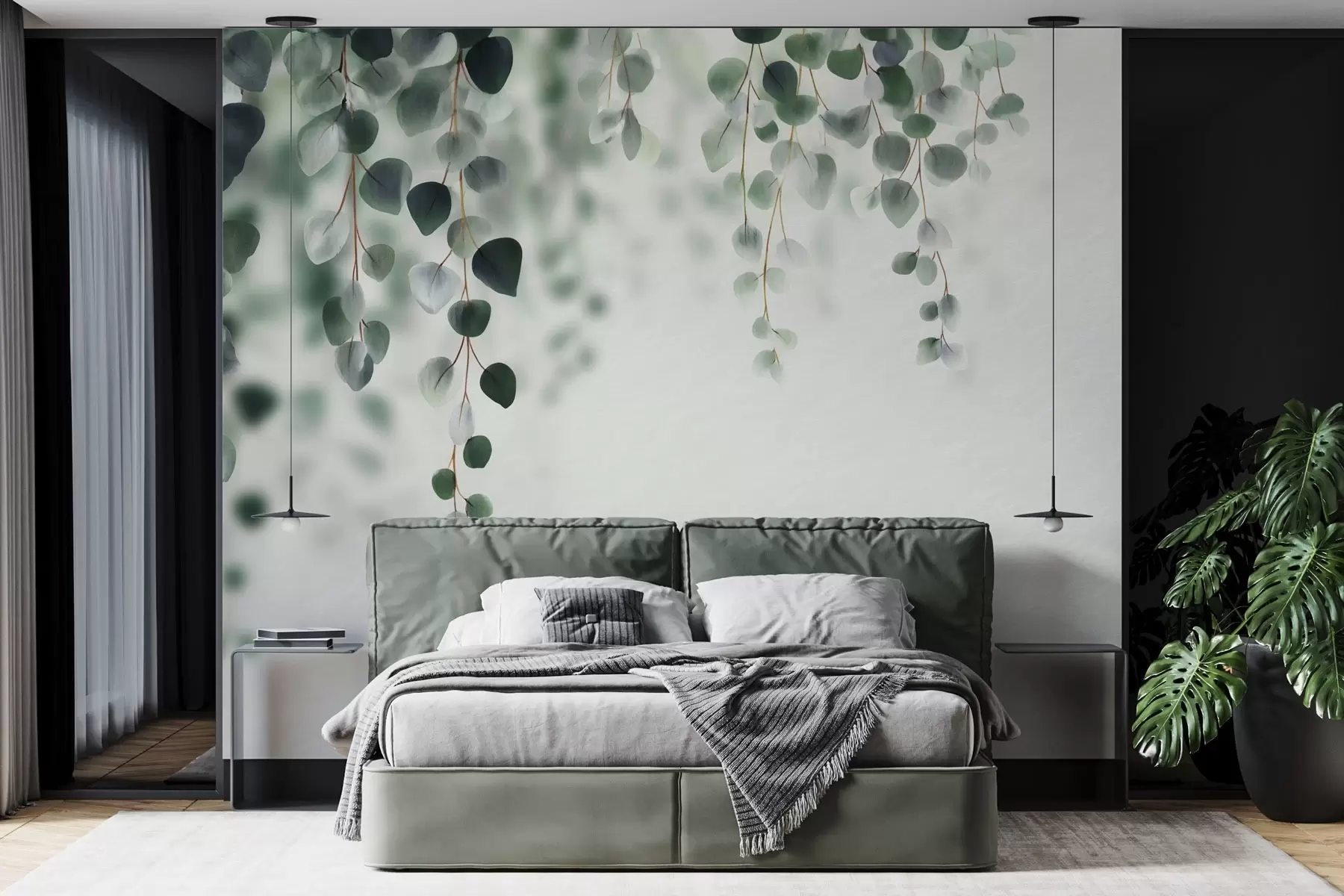 wall murals Falling eucalyptus on a light background w04393