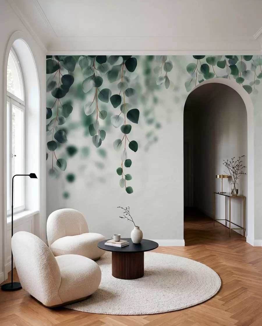 wall murals Falling eucalyptus on a light background w04393