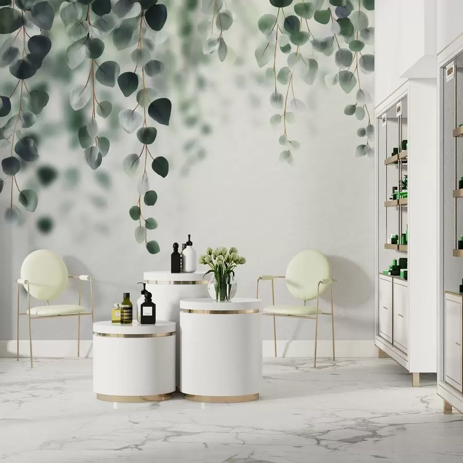 wall murals Falling eucalyptus on a light background w04393