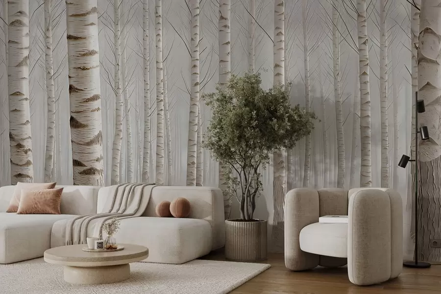 wall murals Birch forest in the fog, light minimalism w04574