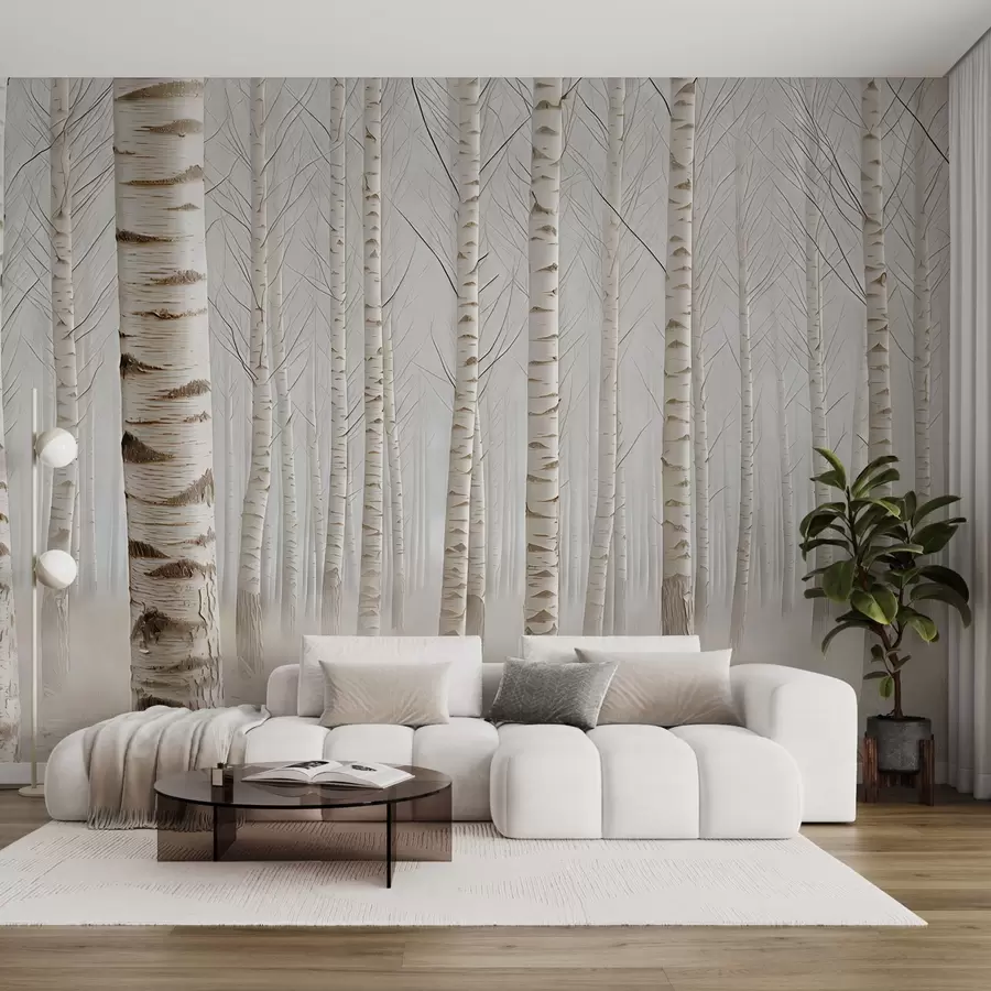 wall murals Birch forest in the fog, light minimalism w04574