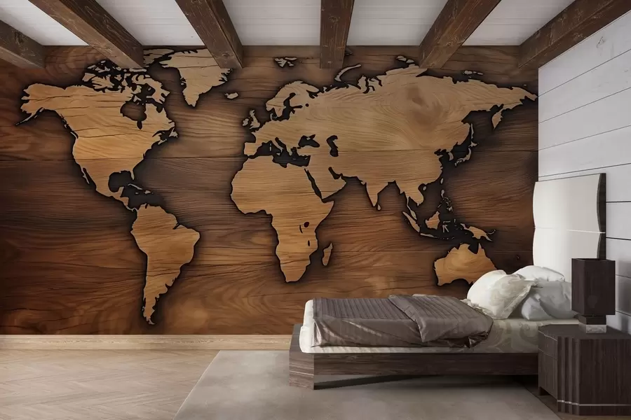 wall murals Wooden world map with embossed cutout w04577