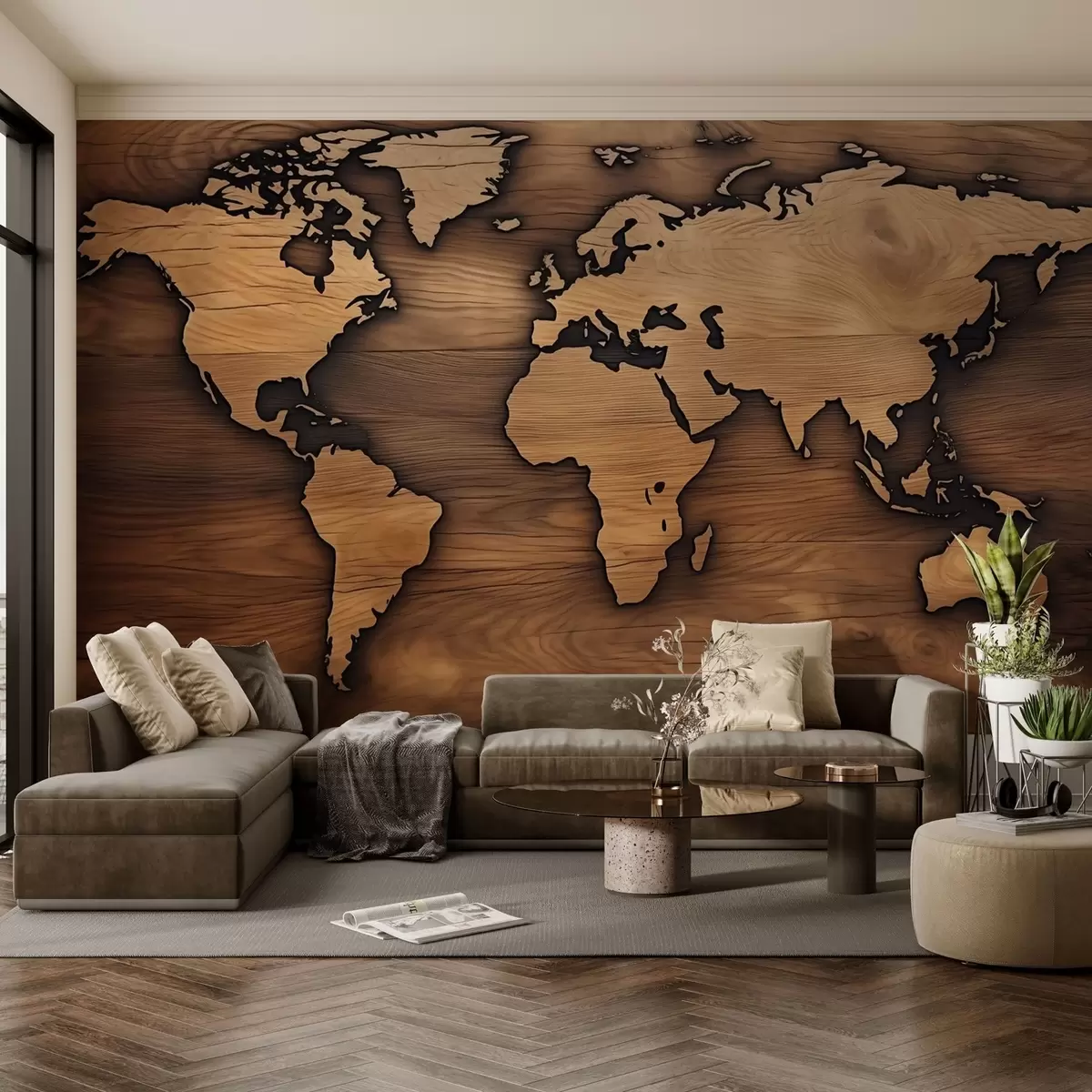 wall murals Wooden world map with embossed cutout w04577