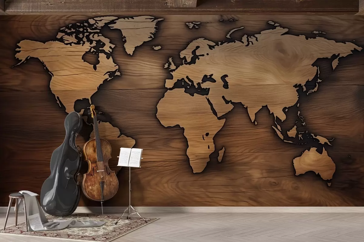 wall murals Wooden world map with embossed cutout w04577