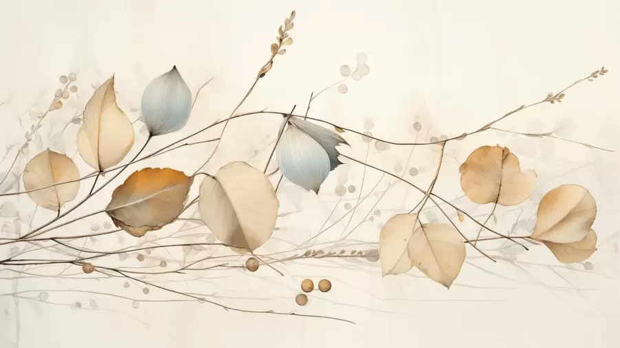 wall murals Delicate branches with leaves in beige tones w04579