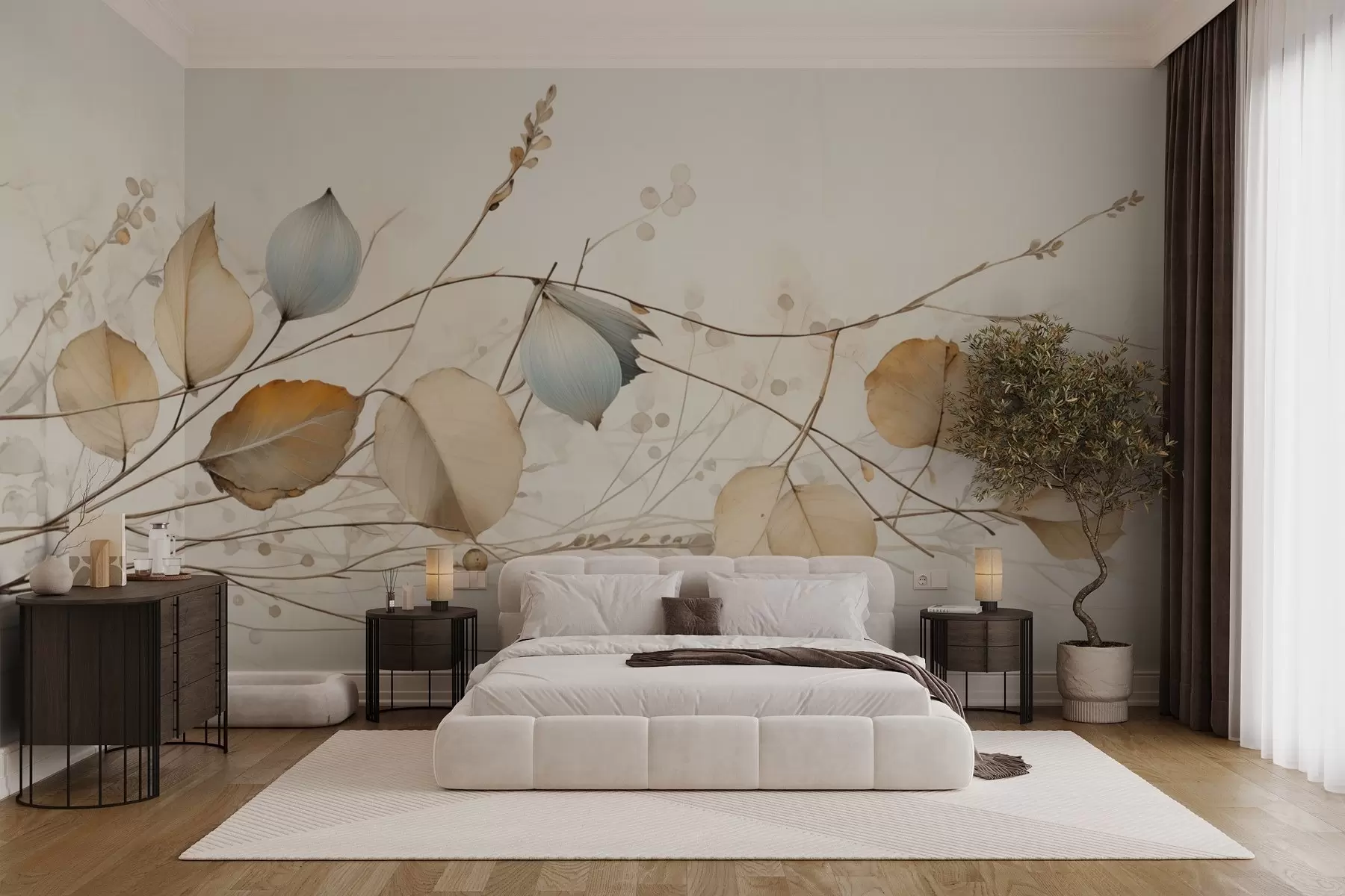wall murals Delicate branches with leaves in beige tones w04579