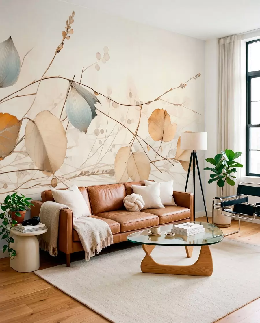 wall murals Delicate branches with leaves in beige tones w04579