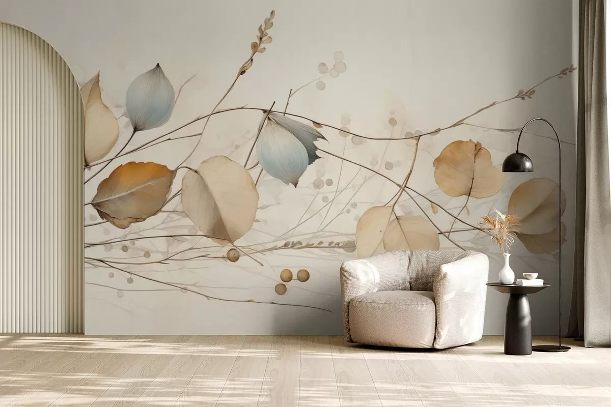 wall murals Delicate branches with leaves in beige tones w04579