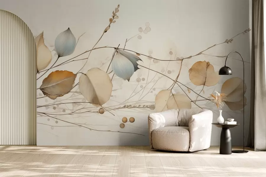 wall murals Delicate branches with leaves in beige tones w04579
