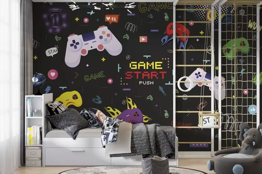 wall murals Bright gamer pattern with consoles and pixelated text w04581