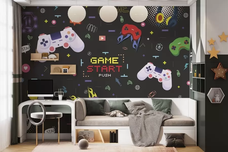 wall murals Bright gamer pattern with consoles and pixelated text w04581
