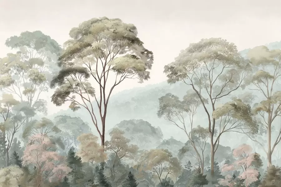 wall murals Misty morning in the forest in watercolor style w09405