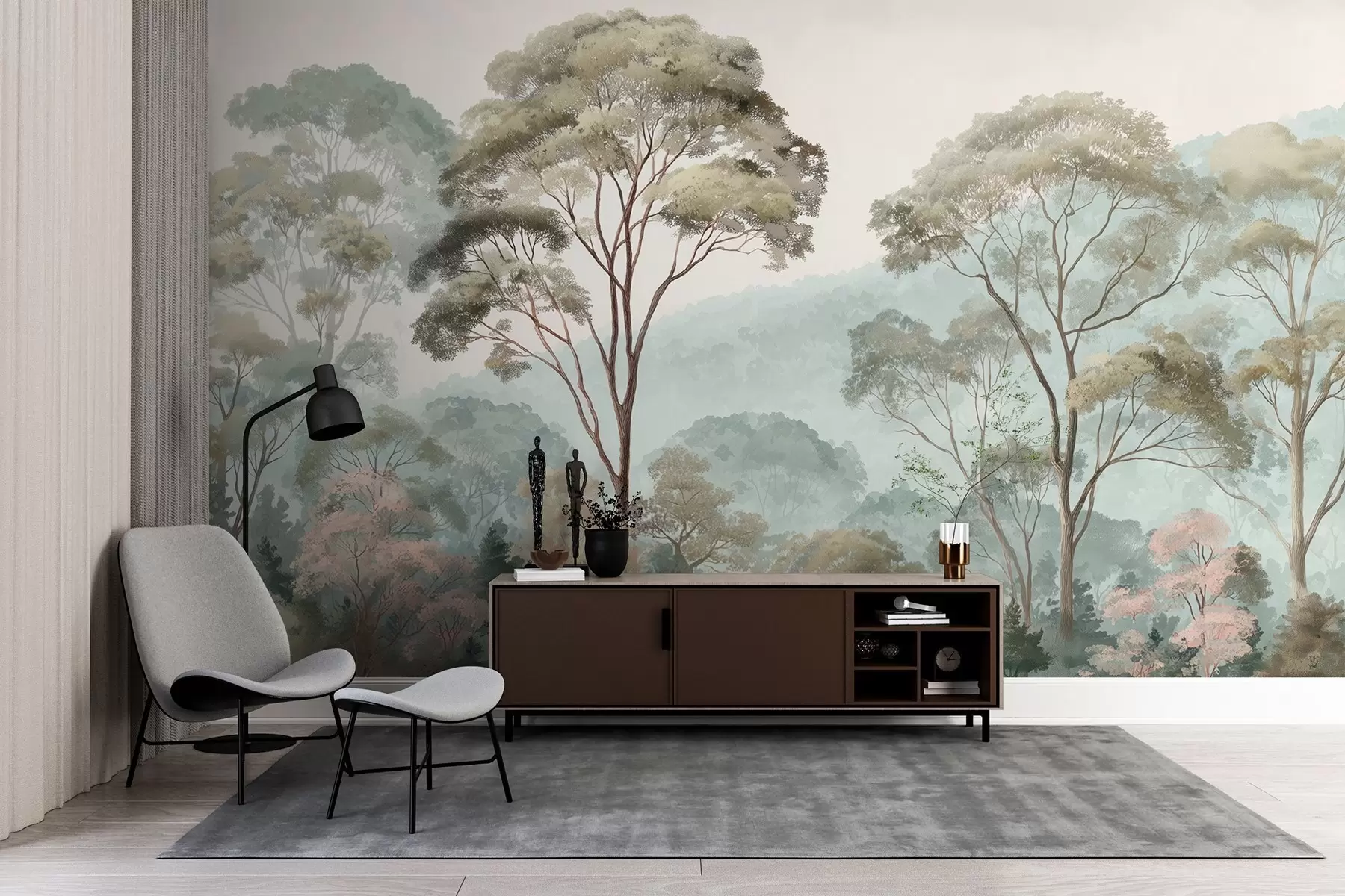 wall murals Misty morning in the forest in watercolor style w09405