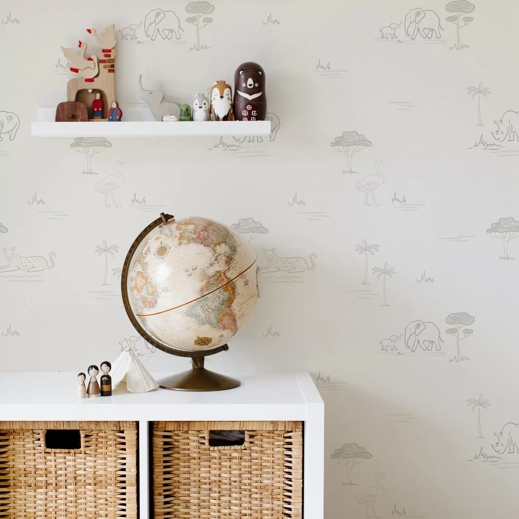 wall murals Minimalist safari: elephants, rhino, leopard and palms a00492