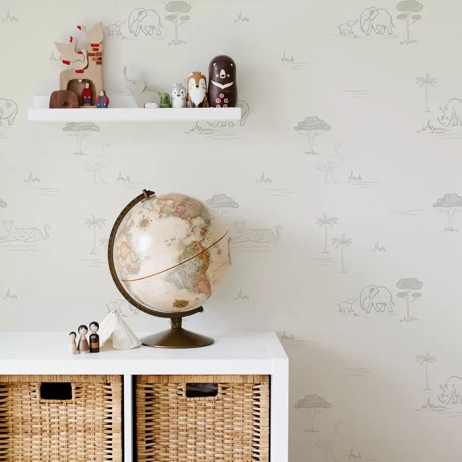 wall murals Minimalist safari: elephants, rhino, leopard and palms a00492