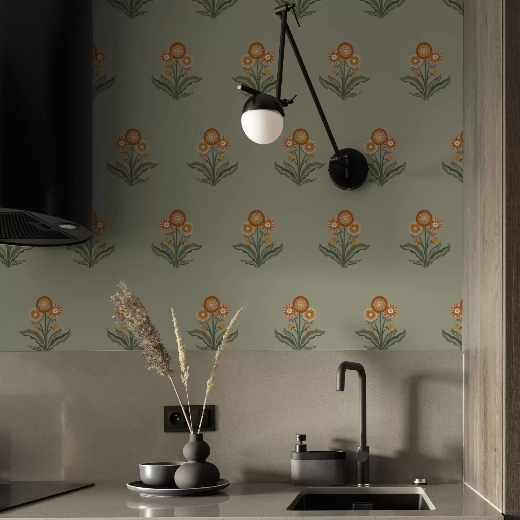 wall murals Stylized flowers on an olive background, warm tones a00494v2