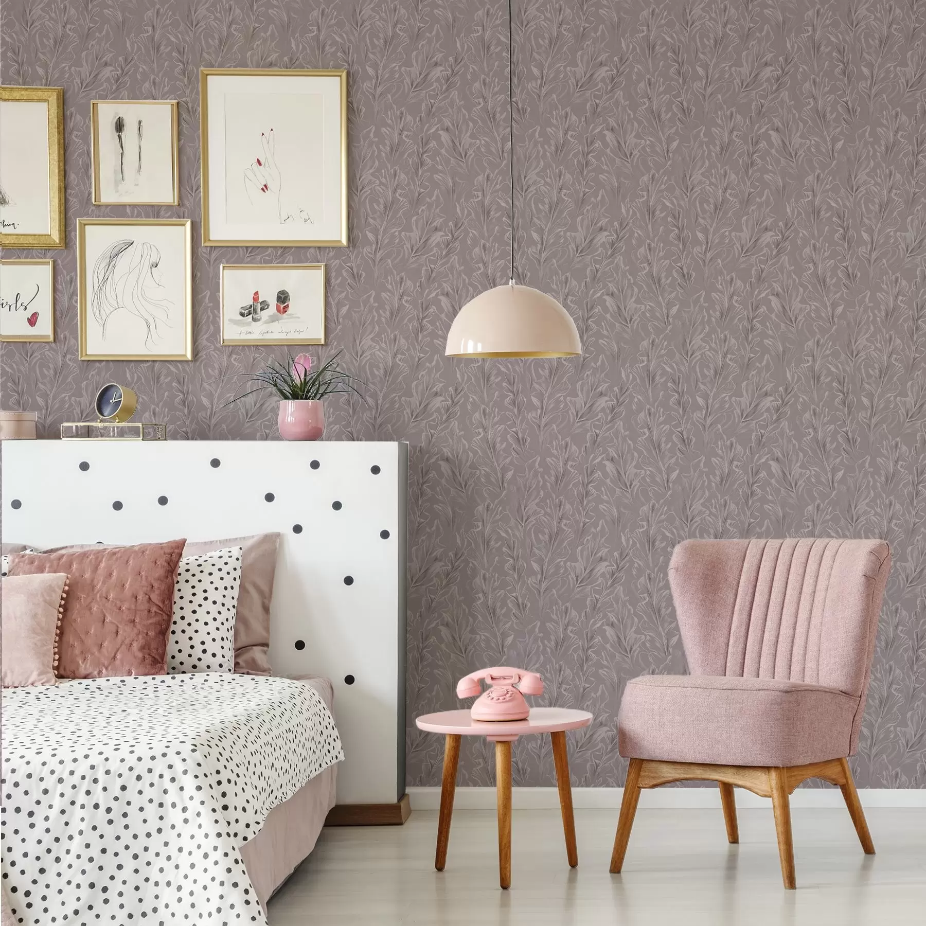 wall murals Flowing leafy waves in a dusty rose-beige palette a00495