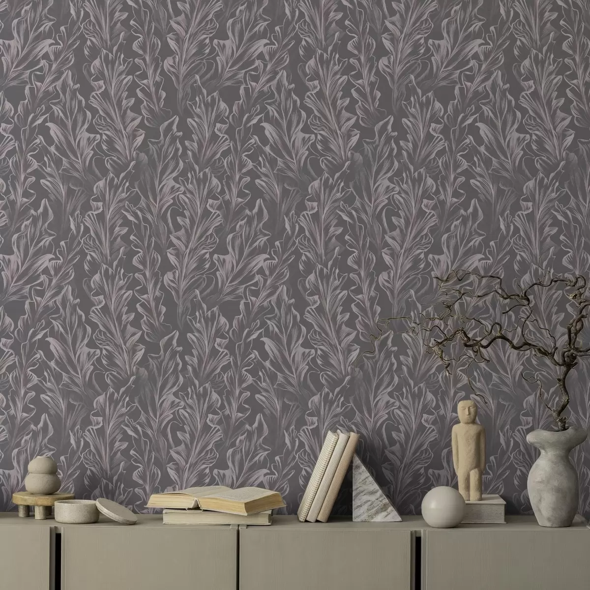 Wallpaper Flowing leafy waves on a graphite background, high contrast a00495v1