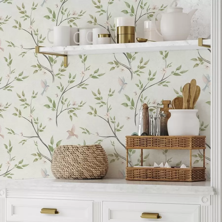 wall murals Watercolor branches with leaves and birds on a light ground a00496