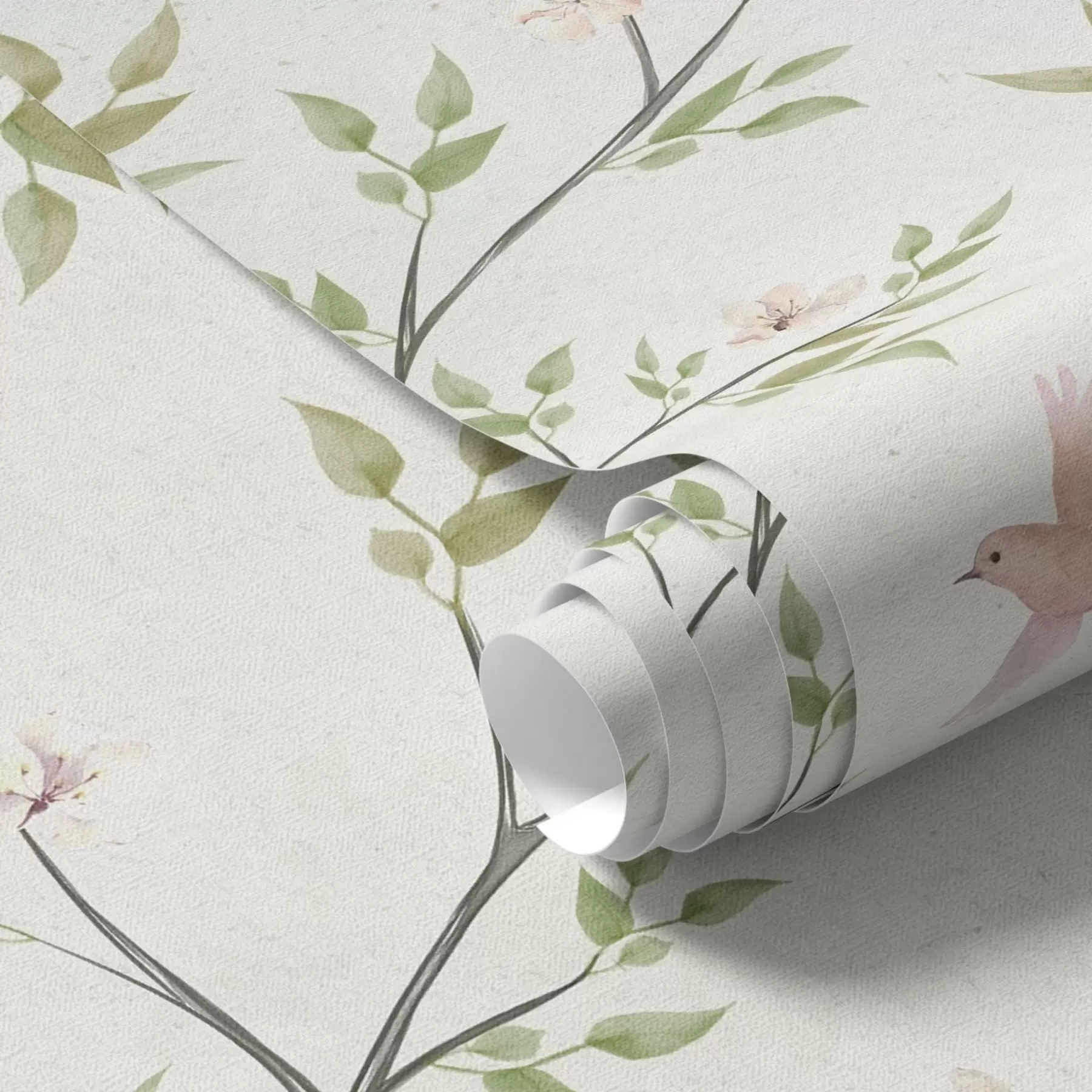 wall murals Watercolor branches with leaves and birds on a light ground a00496