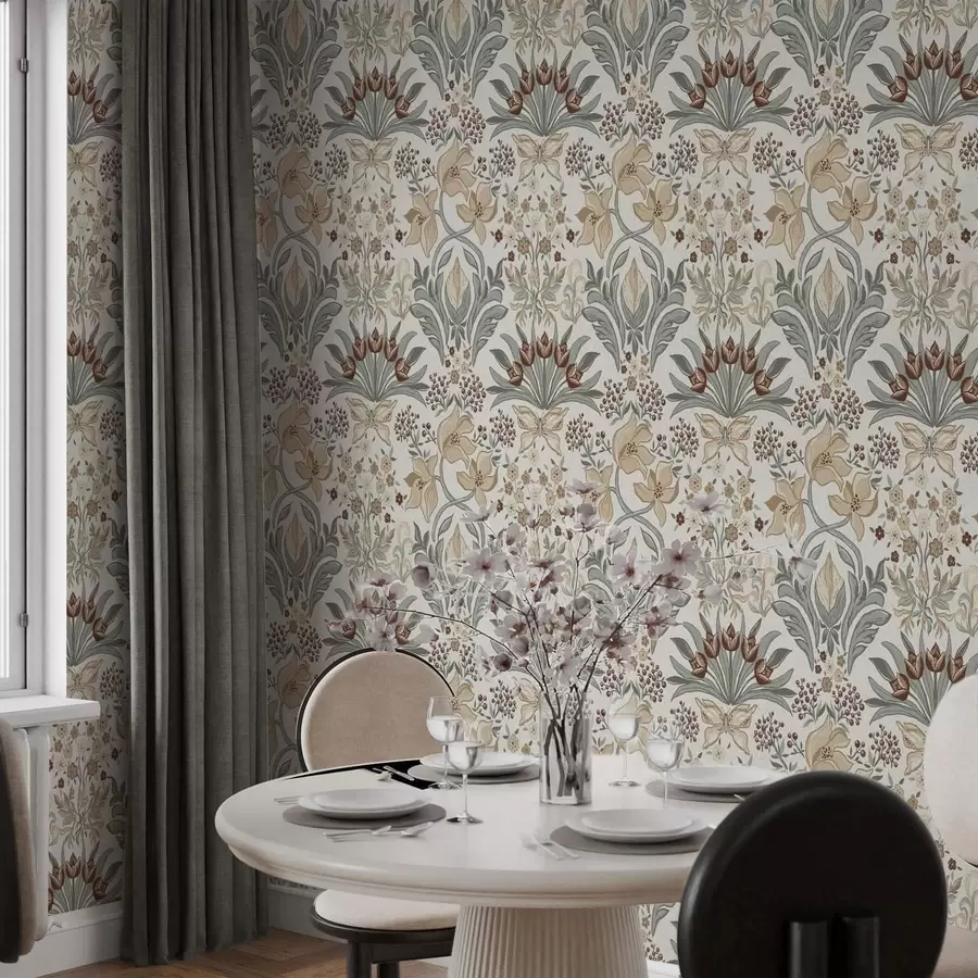 wall murals Decorative lilies and a butterfly on a cream background a00500